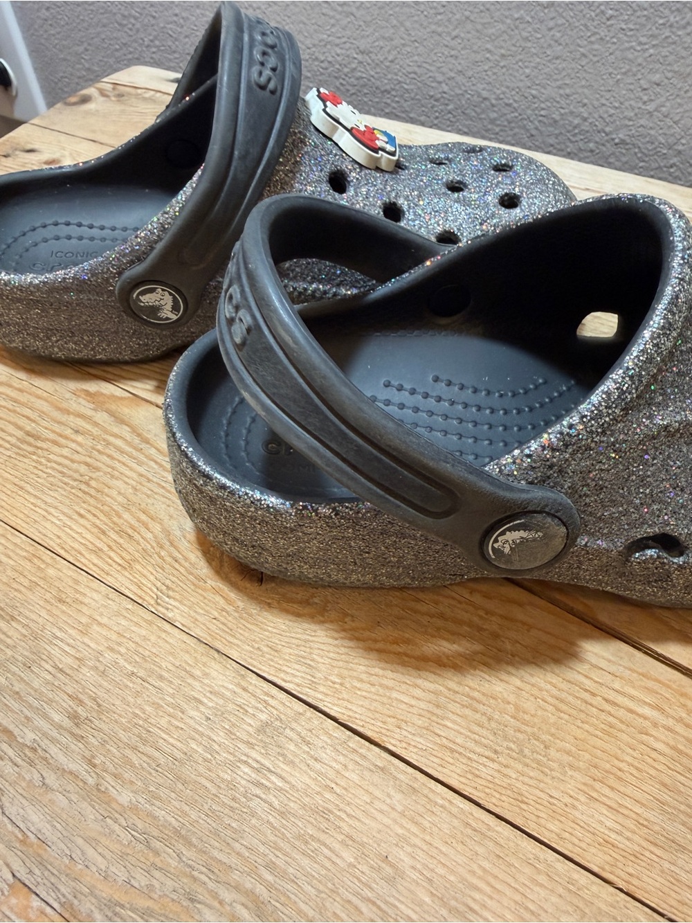 CROCS Kids Glitter Clogs in Silver and Black